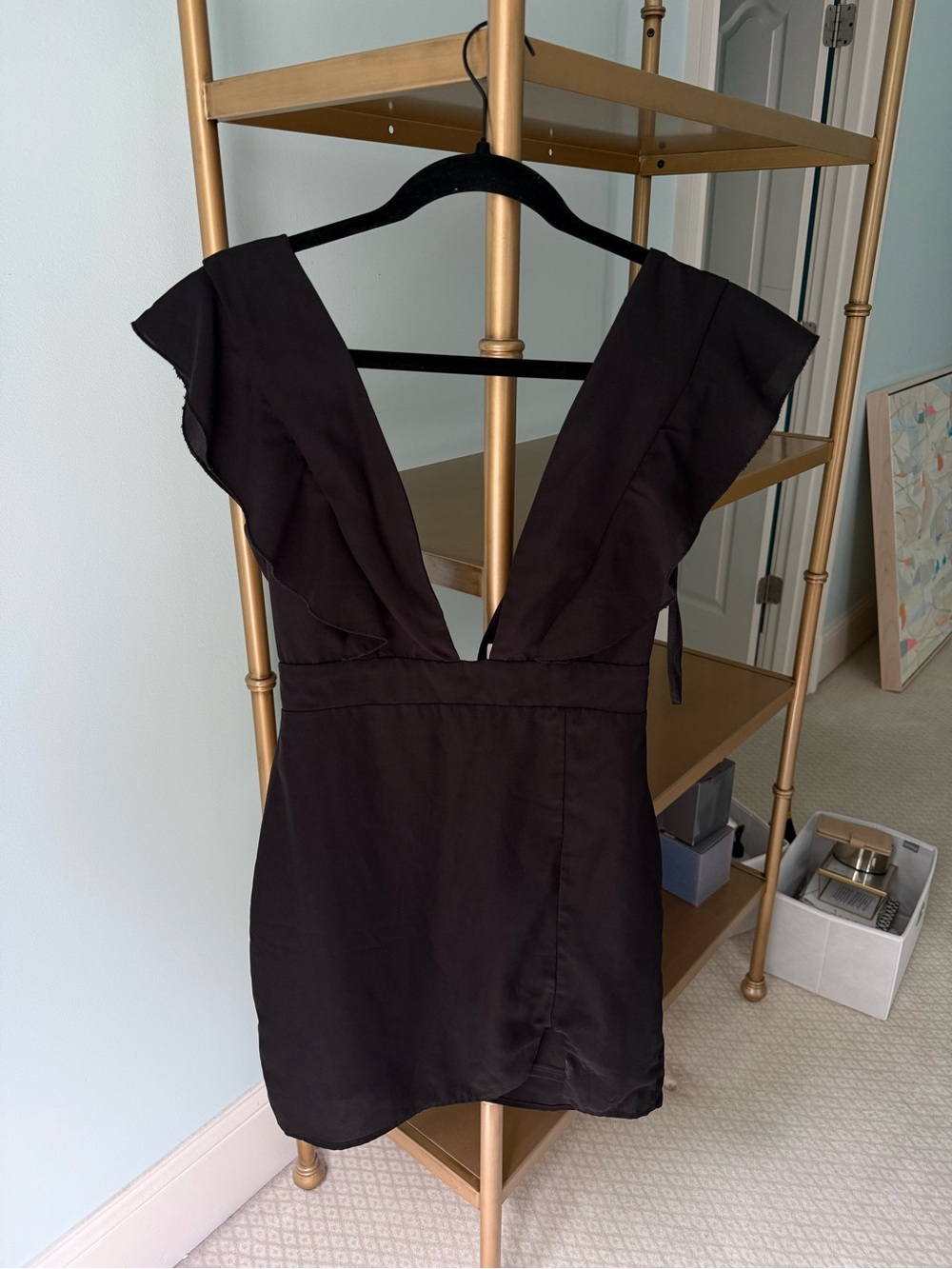 superdown Black Deep V Ruffle Sleeve Mini Dress